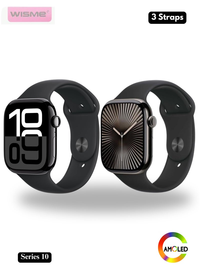 ويزمي ساعة ذكية X51 Mini Series 10، 3 أحزمة، شاشة AMOLED عالية الدقة، مكالمات بلوتوث، مقاومة للماء، ساعات لياقة بدنية، متوافقة مع نظامي Android وiOS | أسود - Image 1