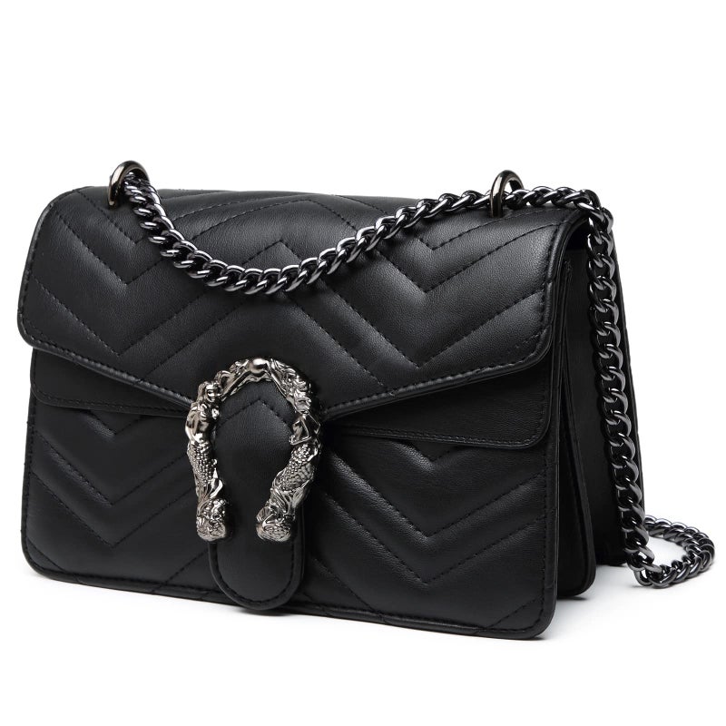 MYHOZEE Crossbody Purses for Women, Black Shoulder Bag Leather Chain Satchel Purse Ladies Handbags Evening Bag - Image 1
