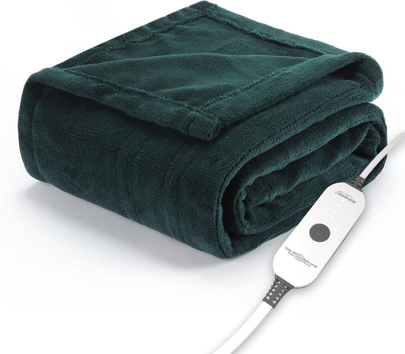 Sunbeam Electric Throw Royal Luxe Microplush Heated Blanket, 4 Heat Settings, 4-Hour Auto Shut-Off, Fast Heating, Warm and Cozy, Botanical Green Color, 50" x 60" - Image 1