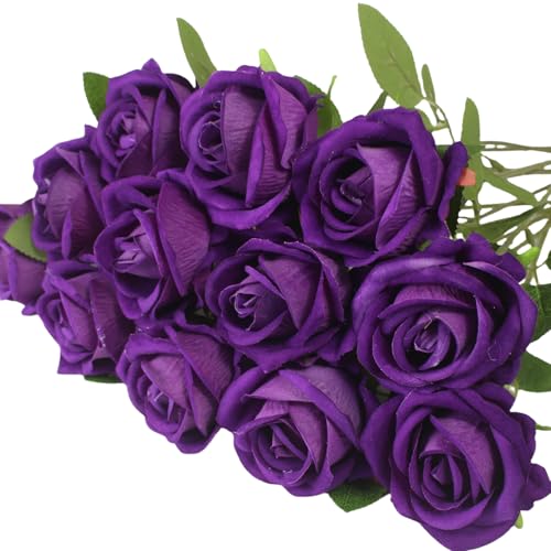 YGbridge Artificial Roses Flowers 12 Pcs Fake Purple Rose in Bulk Long Stem Realistic Silk Roses Bouquet for Wedding Party Centerpieces Flower Arrangement Home Decor Purple 12PCS - Image 1