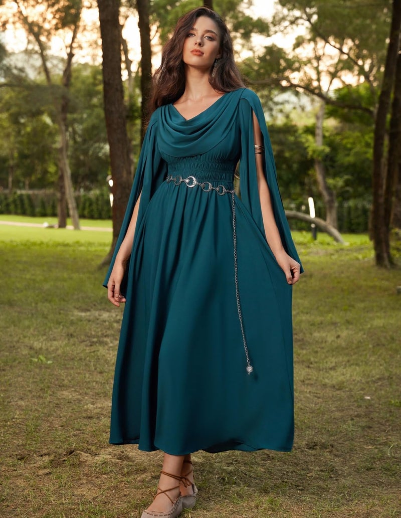 Scarlet Darkness Renaissance Dress for Women Cowl Neck Split Long Sleeve Medieval Dress with Pockets Blue Green M - Image 5