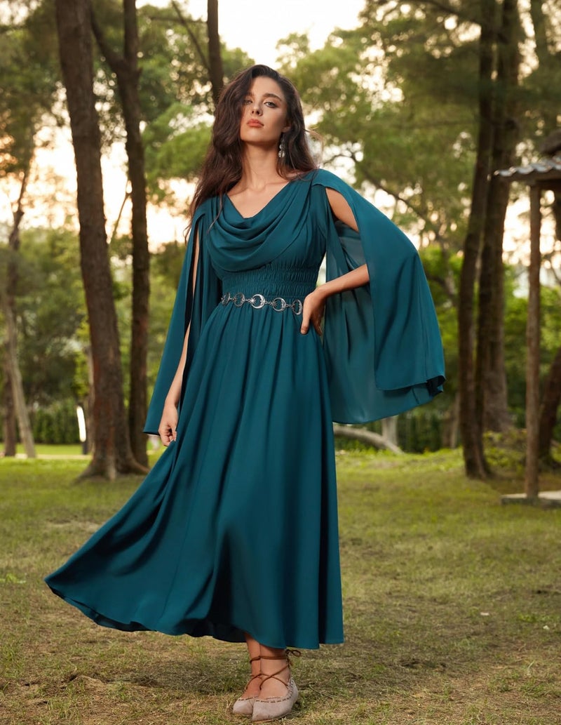 Scarlet Darkness Renaissance Dress for Women Cowl Neck Split Long Sleeve Medieval Dress with Pockets Blue Green M - Image 2