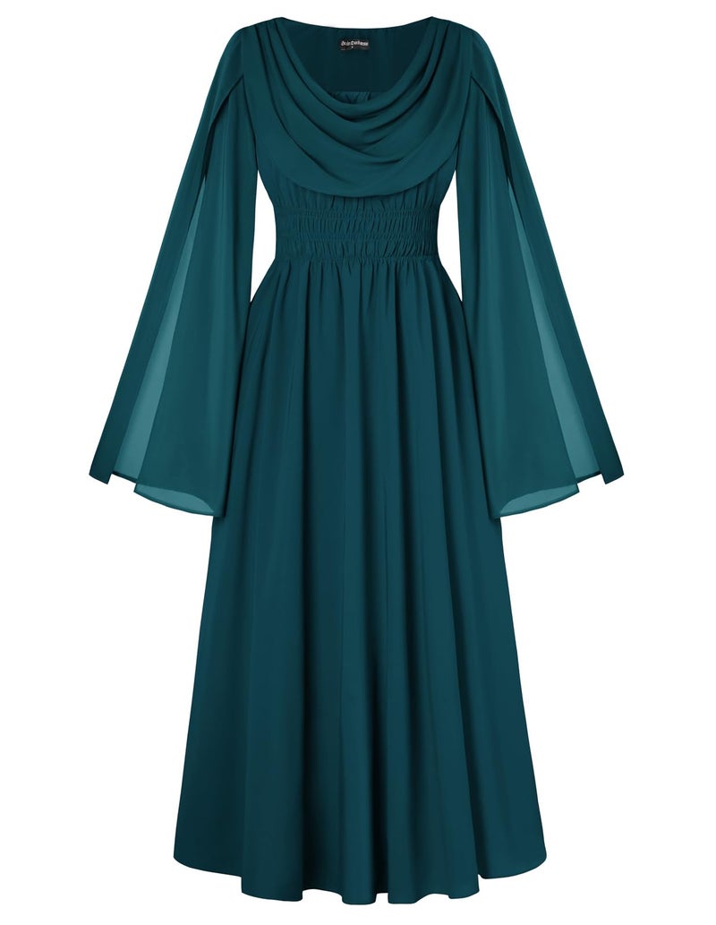 Scarlet Darkness Renaissance Dress for Women Cowl Neck Split Long Sleeve Medieval Dress with Pockets Blue Green M - Image 1