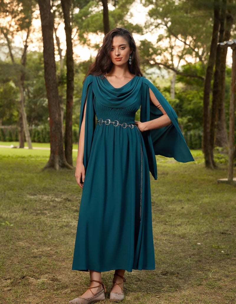 Scarlet Darkness Renaissance Dress for Women Cowl Neck Split Long Sleeve Medieval Dress with Pockets Blue Green M - Image 4