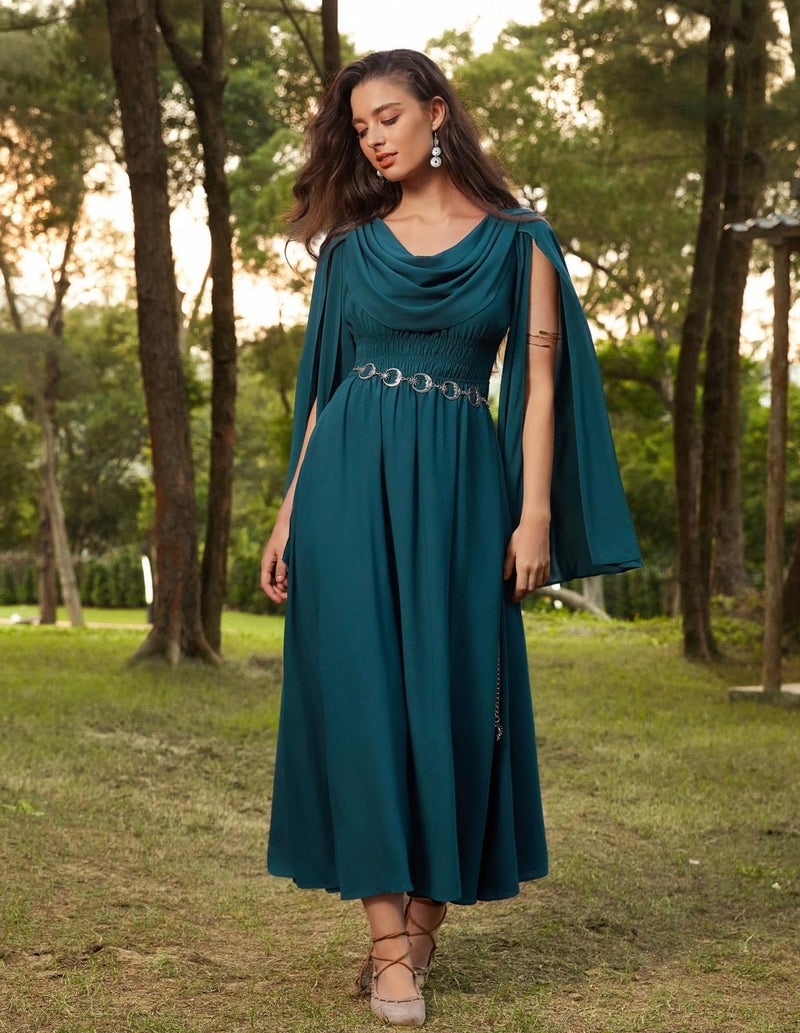 Scarlet Darkness Renaissance Dress for Women Cowl Neck Split Long Sleeve Medieval Dress with Pockets Blue Green M - Image 3