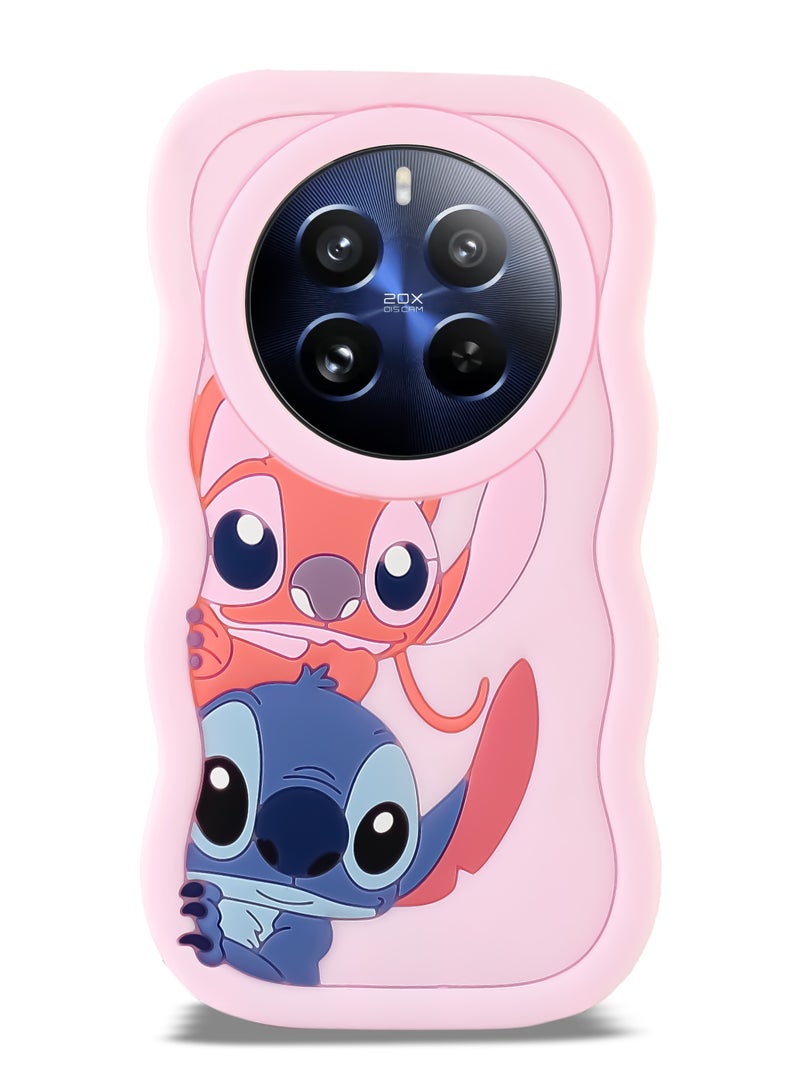 حافظة هاتف من السيليكون الناعم المتموج ثلاثية الأبعاد من Lilo and Stitch لهاتف Realme 12 Pro/12 Pro Plus (وردي فاتح)