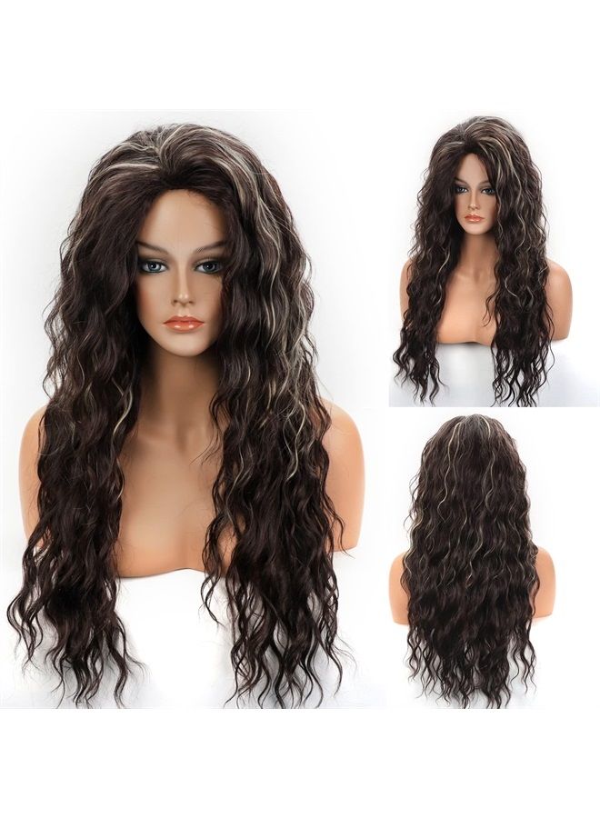 Fencca Dark Brown with Blonde Highlight Curly Long Wigs for Women Heat Synthetic Wig Brown Loose Curls Free Part Puffy Wig - Image 2