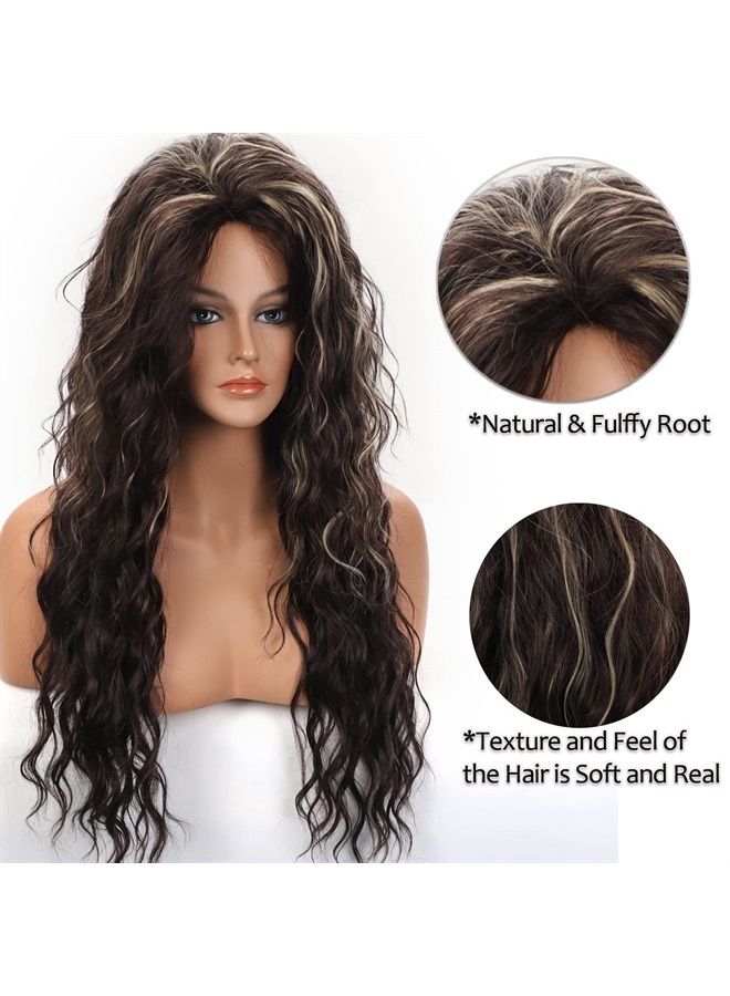 Fencca Dark Brown with Blonde Highlight Curly Long Wigs for Women Heat Synthetic Wig Brown Loose Curls Free Part Puffy Wig - Image 1