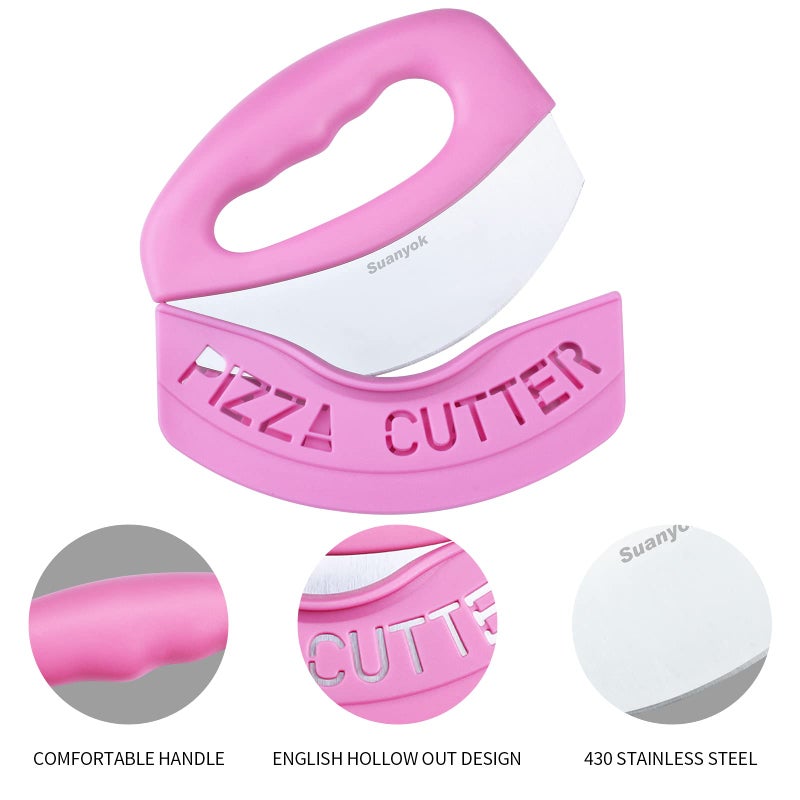 Suanyok Premium Pizza Cutter Food Chopper-Super Sharp Blade Stainless Steel Pizza Cutter Rocker Slicer with Protective Sheath Multi Function Pizza Knife Kitchen Tools,Dishwasher Safe (Pink) - Image 2