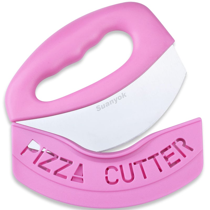 Suanyok Premium Pizza Cutter Food Chopper-Super Sharp Blade Stainless Steel Pizza Cutter Rocker Slicer with Protective Sheath Multi Function Pizza Knife Kitchen Tools,Dishwasher Safe (Pink) - Image 1
