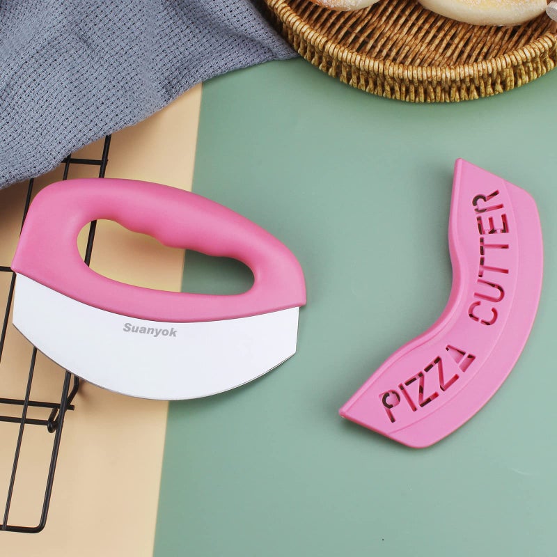 Suanyok Premium Pizza Cutter Food Chopper-Super Sharp Blade Stainless Steel Pizza Cutter Rocker Slicer with Protective Sheath Multi Function Pizza Knife Kitchen Tools,Dishwasher Safe (Pink) - Image 5