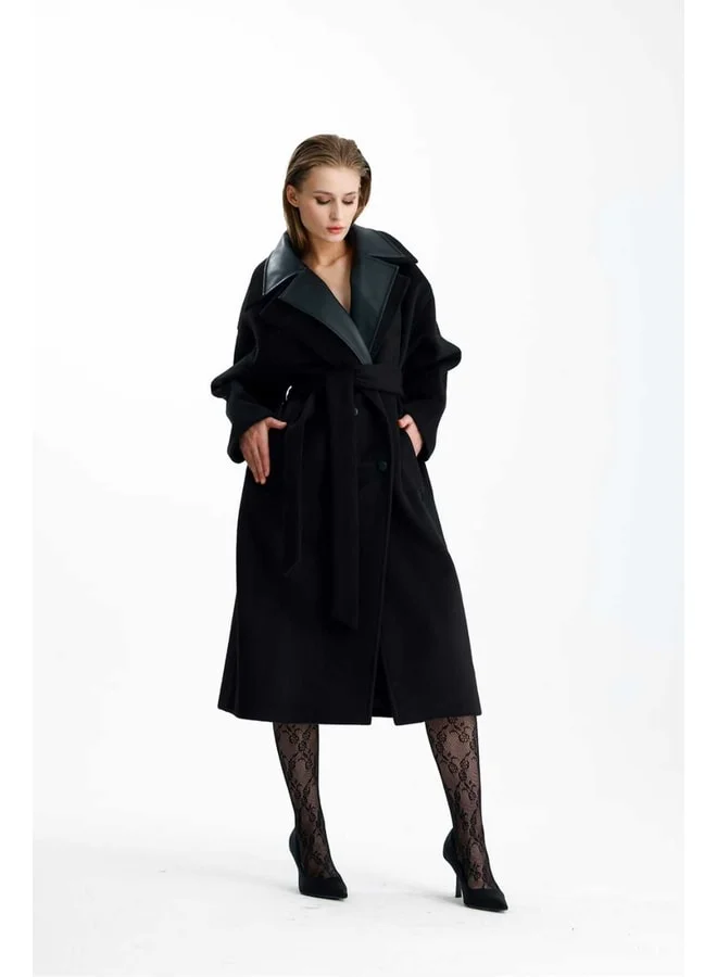 GACACOLLECTION SAPPHIRA Kaşe Black Leather Collar Long Coat.
