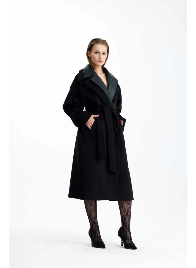 GACACOLLECTION SAPPHIRA Kaşe Black Leather Collar Long Coat.