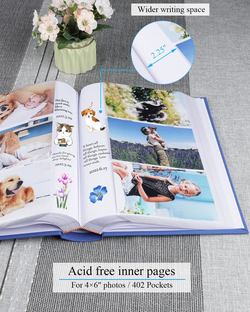 1DOT2 Photo Album 4x6 Hold 402 Photos with Memo Slip-in Pockets Photo Book  Linen Cover Picture Photo Albums with Writing Space for Wedding Family Baby Vacation Mother's Day Blue - Image 3