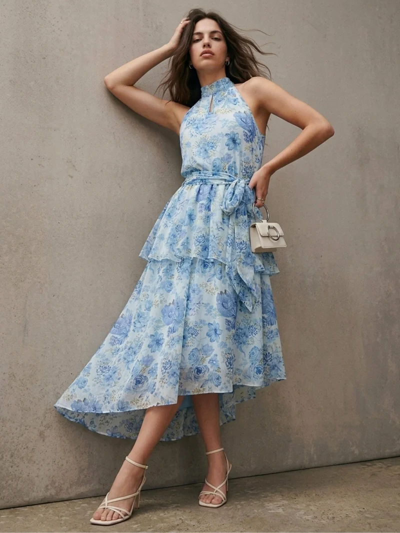 Outzidr light blue floral Blue Knee Length Asymmetric Hemline Tiered Printed Dress With Belt for Women | Best Price UAE