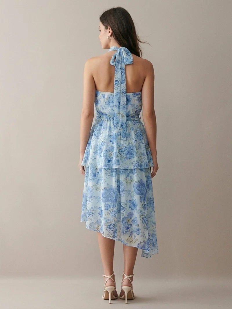 Outzidr light blue floral Blue Knee Length Asymmetric Hemline Tiered Printed Dress With Belt for Women | Best Price UAE