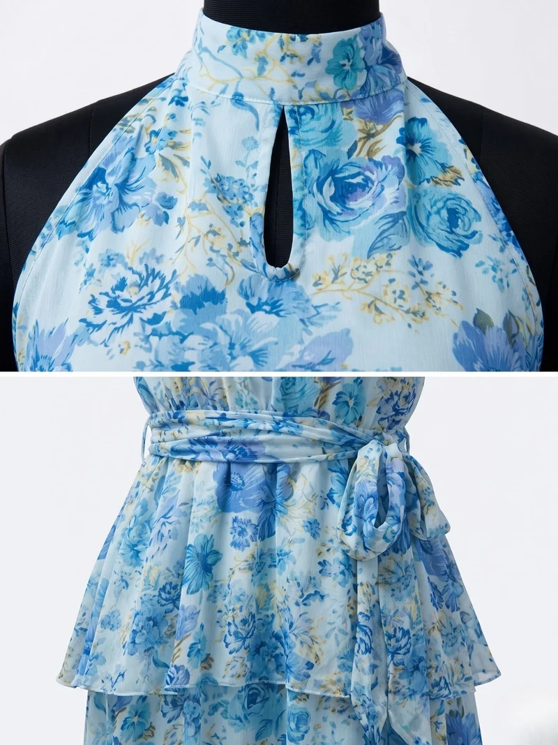 Outzidr light blue floral Blue Knee Length Asymmetric Hemline Tiered Printed Dress With Belt for Women | Best Price UAE