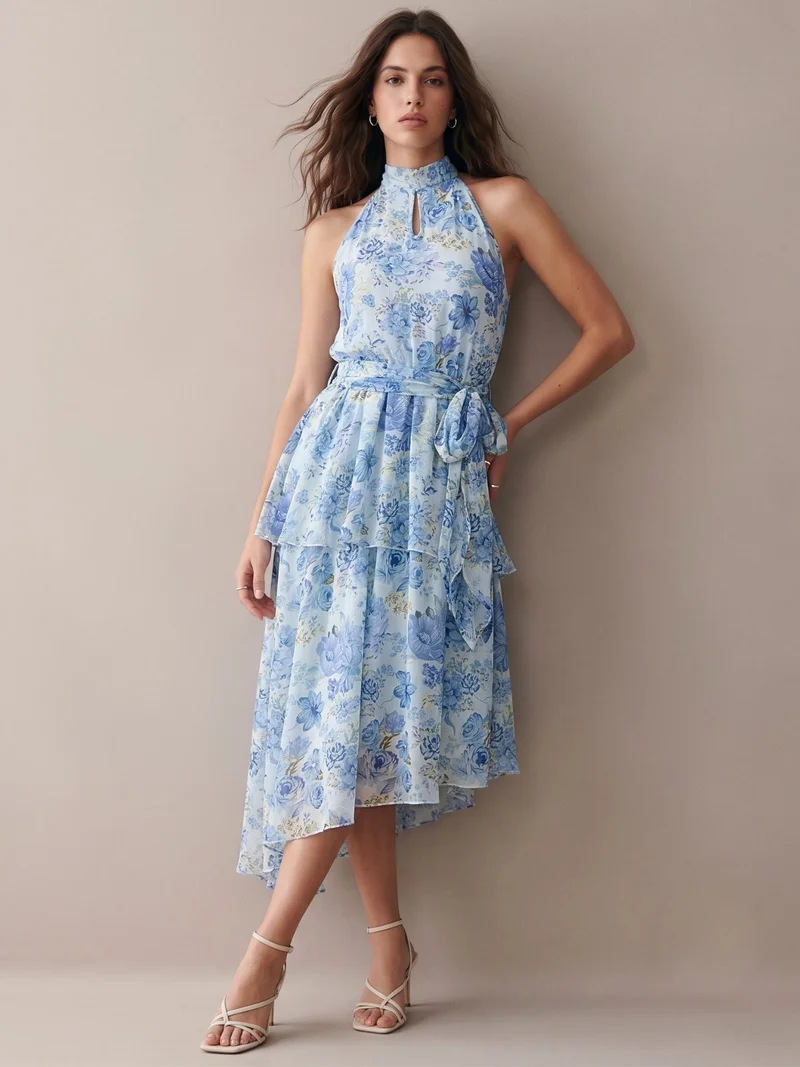 Blue Knee Length Asymmetric Hemline Tiered Printed Dress With Belt