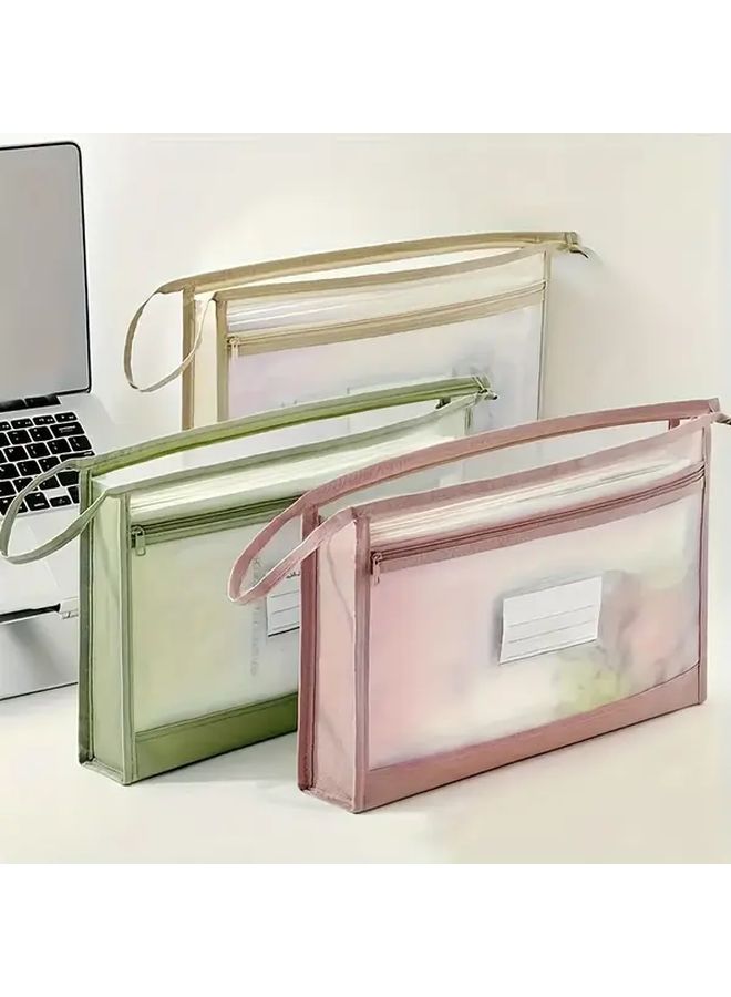 Pink Large Capacity A4 Mesh File Organizer Bag with Double Zipper and Handles - Image 4