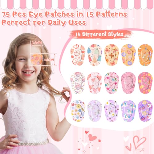 Jollidecor 75 Pcs Kids Eye Patches 15 Cute Styles Soft Breathable Cotton Adhesive Patches for Amblyopia and Lazy Eye, 2.95"x1.96" Disposable Bandages for Toddlers, Girls & Adults, Bulk Pack - Image 2