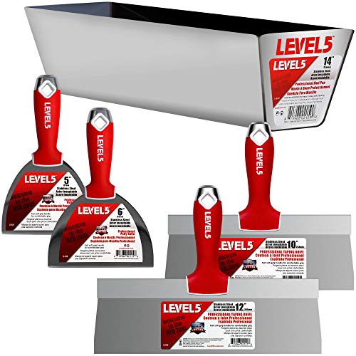 Level-5 LEVEL5 Drywall Finishing Hand Tool Kit | 5, 6 Inch Joint Knives, 10, 12 Inch Taping Knives, 14 Inch Mud Pan | Stainless Steel Blades, Soft Grip Handles | Sheetrock Gyprock Plasterboard | 5-600 - Image 5