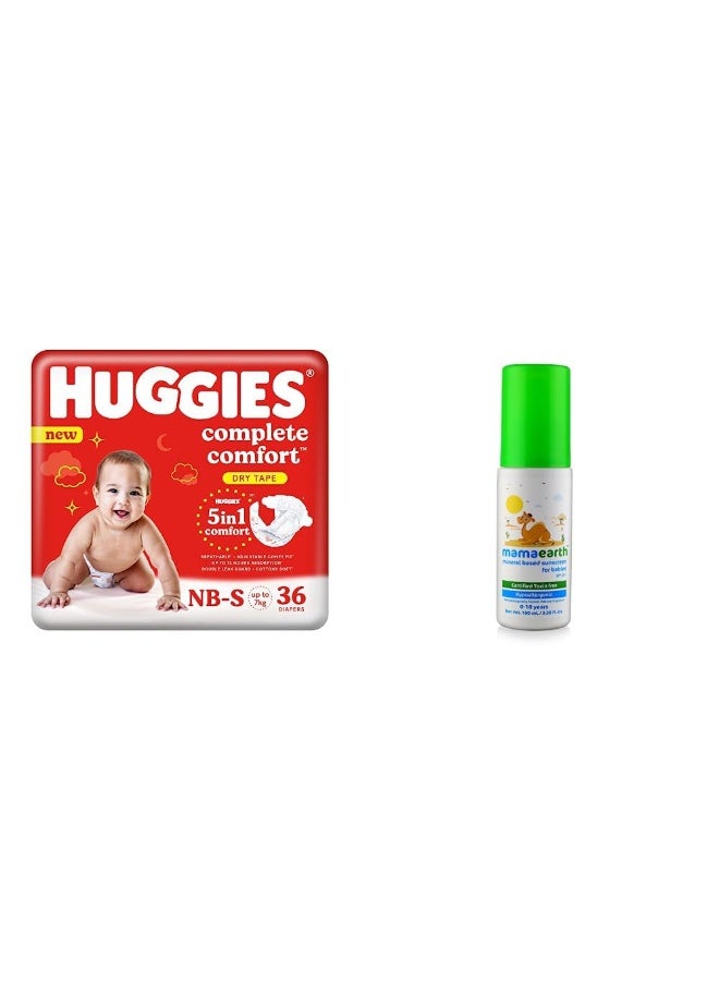Huggies Complete Comfort Dry Tape Newborn - Small (NB-S) Size Baby Tape Diapers, 36 count & Mamaearth Mineral Based Sunscreen Baby Lotion SPF 20+,Hypoallergenic,100ml,(0-10 Years)