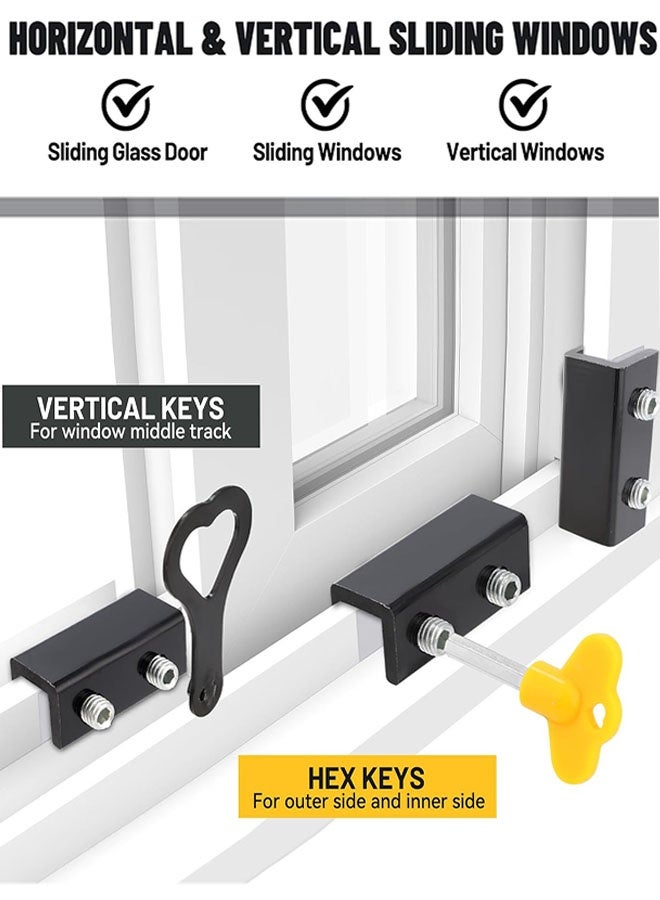 أقفال النوافذ، 4 مجموعات من أقفال النوافذ المنزلقة مع مفتاح للنوافذ والأبواب المنزلقة الرأسية والأفقية، سدادة نوافذ قابلة للتعديل من الألومنيوم لأمن غرفة نوم الفناء المنزل، أسود - Image 2
