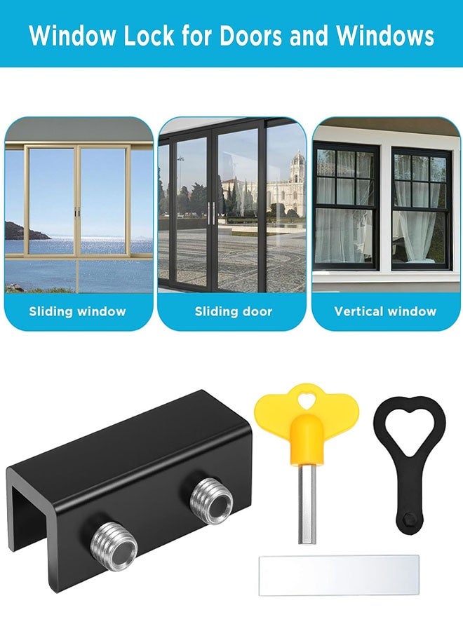 أقفال النوافذ، 4 مجموعات من أقفال النوافذ المنزلقة مع مفتاح للنوافذ والأبواب المنزلقة الرأسية والأفقية، سدادة نوافذ قابلة للتعديل من الألومنيوم لأمن غرفة نوم الفناء المنزل، أسود - Image 4