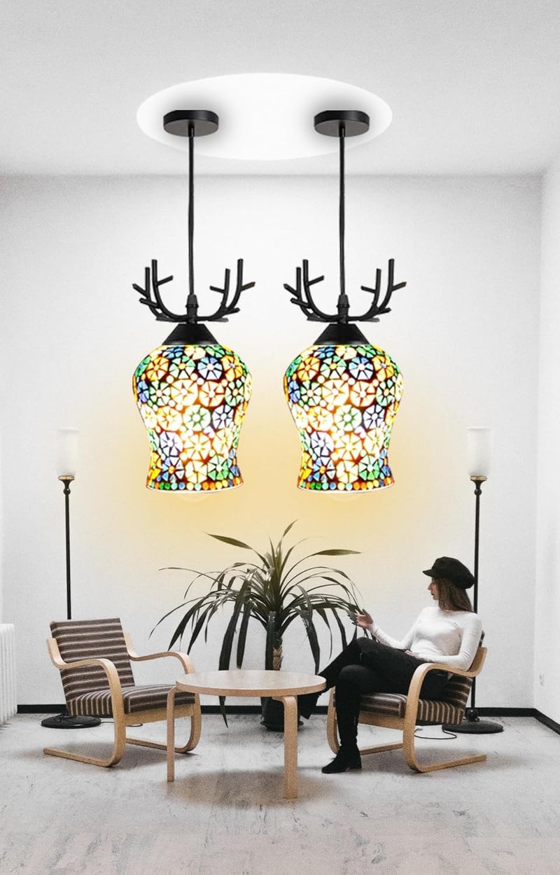 kinis Royal Look Deer Ananya Glass HL Hanging Lamp/Pendant Lamp/Ceiling Light to Décor Home/Living Room/Bedroom/Office/Dining/Cafe/Restaurants, Multicolor (Pack of 2, with Bulb) - Image 2
