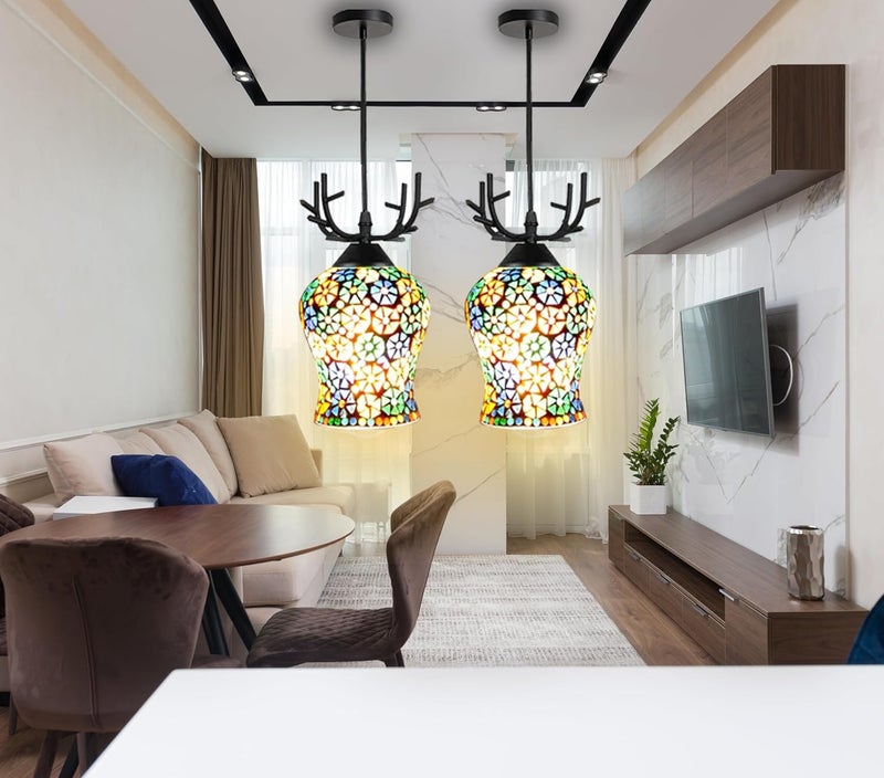 kinis Royal Look Deer Ananya Glass HL Hanging Lamp/Pendant Lamp/Ceiling Light to Décor Home/Living Room/Bedroom/Office/Dining/Cafe/Restaurants, Multicolor (Pack of 2, with Bulb) - Image 1
