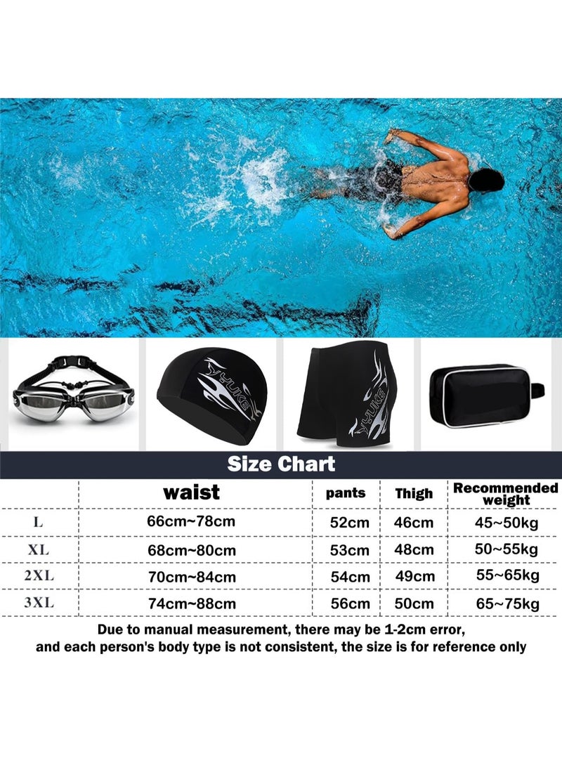 Professional Swimming Kits Swim Cap UV Protection & Anti-fog Swim Goggles Quick-Dry Swim Trunks with Earplugs Nose Clip Protection Case for Adults (Silver)