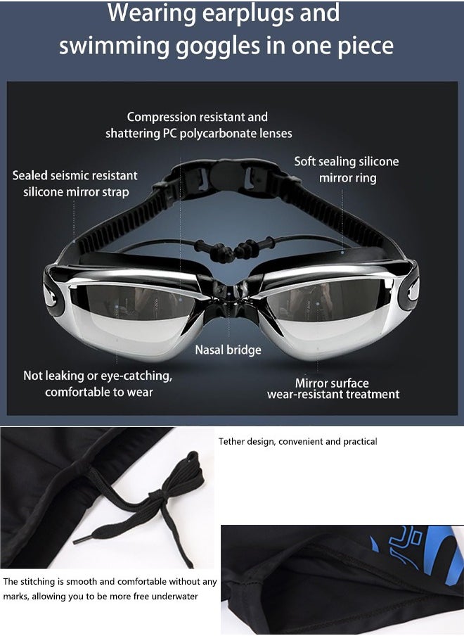 Professional Swimming Kits Swim Cap UV Protection & Anti-fog Swim Goggles Quick-Dry Swim Trunks with Earplugs Nose Clip Protection Case for Adults (Silver)
