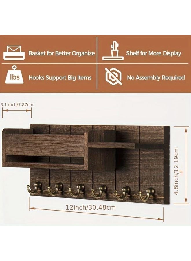 White Rustic Wooden Key Holder With Hooks And Shelf Wall Mounted Mail Organizer - Image 4