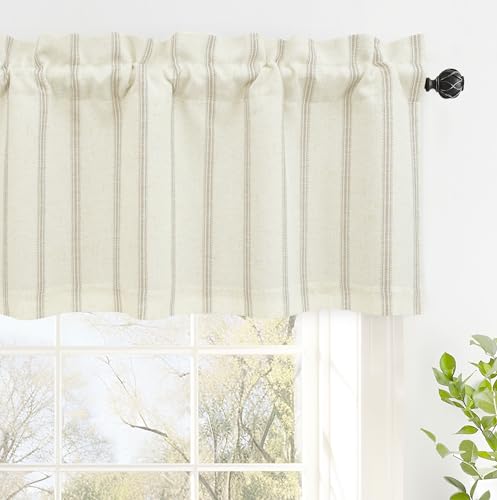 DriftAway Farmhouse Linen Lined Valance 2 Layer Thermal Insulated Room Darkening Blackout Window Valances Rod Pocket Vertical Striped Kitchen Valance for Bathroom Single 52 x 18 Inch Camel Beige - Image 1