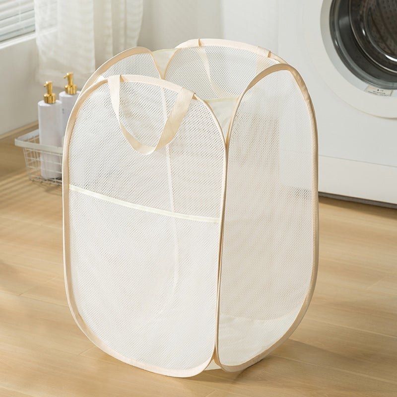 Breathable Mesh Dirty Clothes Storage Basket Portable Foldable Dirty Clothes Basket Home Bathroom Dirty Clothes Basket Factory Direct Sale(Beige vertical section) - Image 1