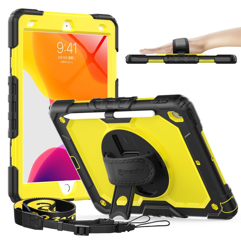 Timecity Case for iPad 9th 8th 7th Generation 102 inch Heavy Duty Protective Cover with Screen Protector Rotating Stand Shoulder Strap Pencil Holder KidsFriendly Yellow