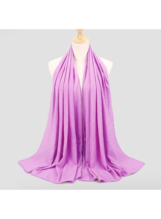 2Pcs Light Purple Rhinestone Pearl Chiffon Hijab Scarf 180x70cm, Sparkling Gold Beaded Trim Muslim Women Head Wrap for Worship Party Daily Wear - Image 2