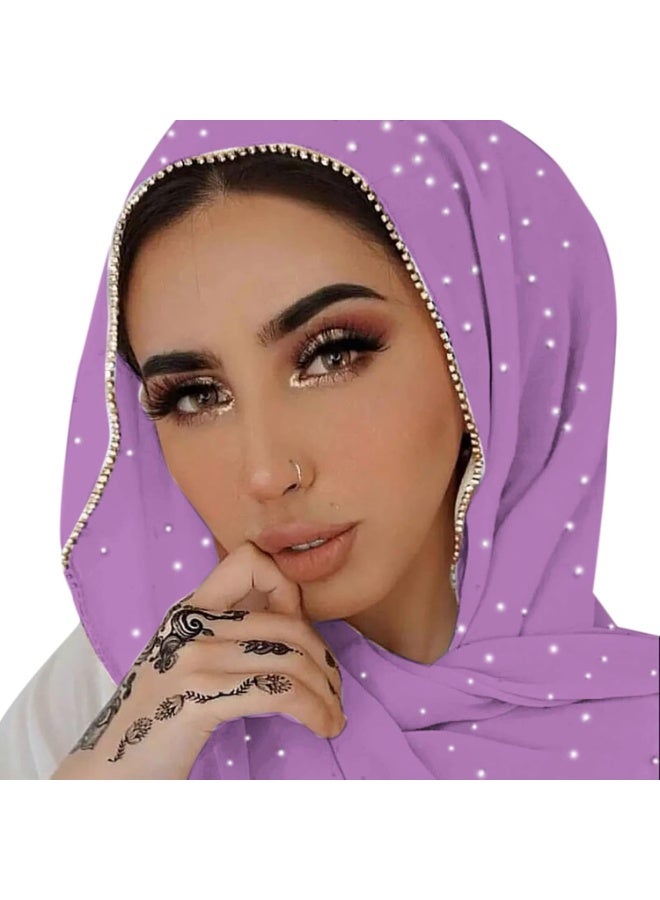 2Pcs Light Purple Rhinestone Pearl Chiffon Hijab Scarf 180x70cm, Sparkling Gold Beaded Trim Muslim Women Head Wrap for Worship Party Daily Wear - Image 1