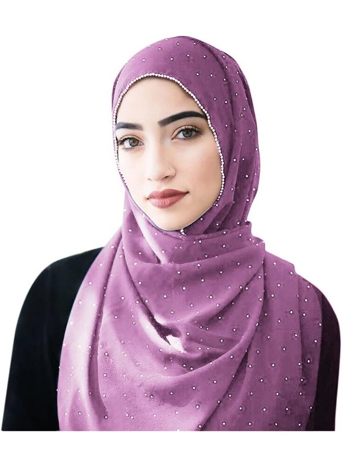 2Pcs Light Purple Rhinestone Pearl Chiffon Hijab Scarf 180x70cm, Sparkling Gold Beaded Trim Muslim Women Head Wrap for Worship Party Daily Wear - Image 3