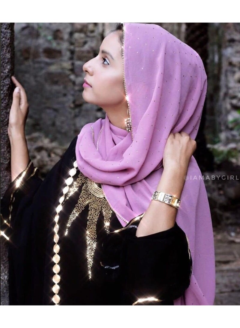 2Pcs Light Purple Rhinestone Pearl Chiffon Hijab Scarf 180x70cm, Sparkling Gold Beaded Trim Muslim Women Head Wrap for Worship Party Daily Wear - Image 4