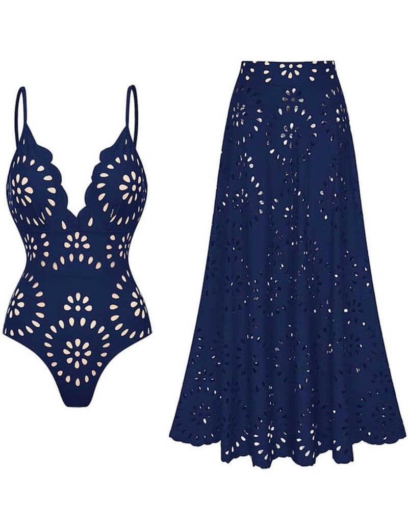 FLAXMAKER Women's One Piece Bathing Suit Petal Hollow V Neck Swimsuit and Skirt(Blue,S) - Image 1