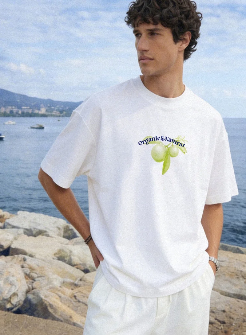 دينيس لينغو White 100% Cotton Printed Regular Fit T-Shirt For Men