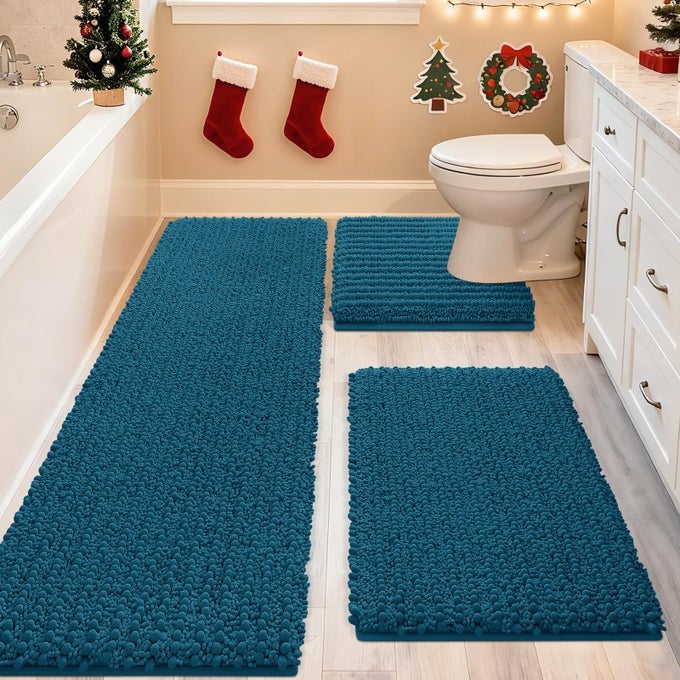 UPGRADE EXTRA LARGE TEAL BLUE BATHROOM RUG SET 3 PIECES ULTRA SOFT THICK ABSORBENT BATH MATS NON SLIP CHENILLE TOILET MAT FOR BATHROOM BEDROOM KITCHEN