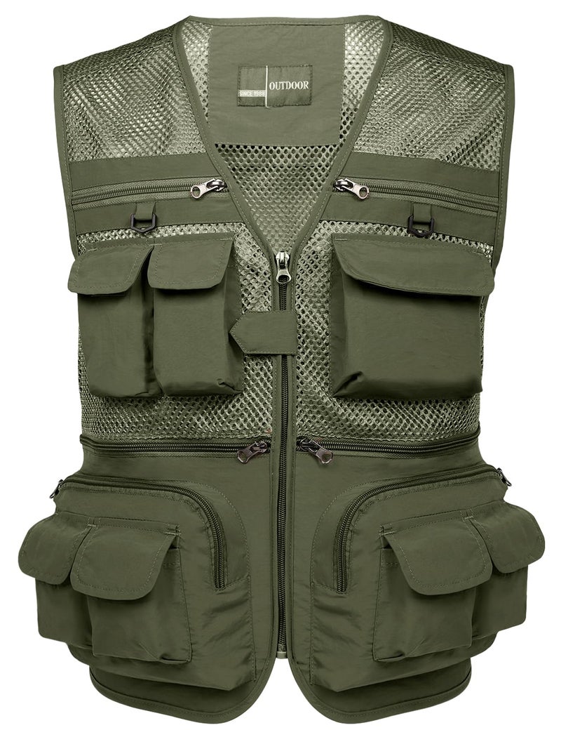 Flygo Mens Fishing Vest Utility Lightweight Outdoor Travel Safari Photo Cargo Vest with 16 pockets mesh Army Green XL