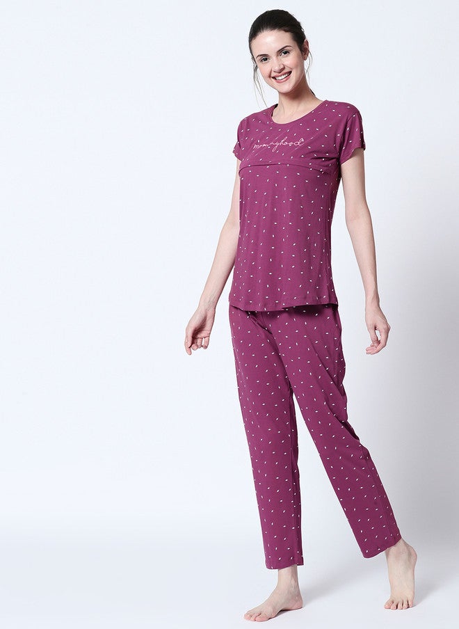 Zeyo Women Purple & White Printed Nursing & Feeding Cotton Night Suit - Image 4