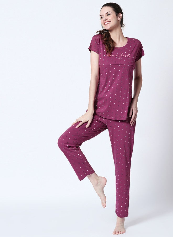 Zeyo Women Purple & White Printed Nursing & Feeding Cotton Night Suit - Image 3