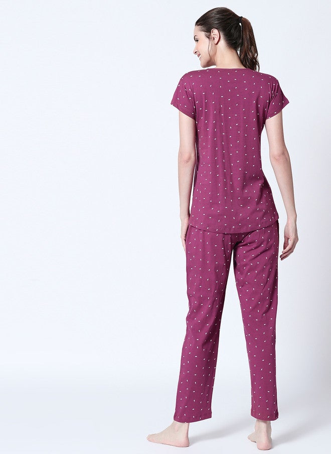 Zeyo Women Purple & White Printed Nursing & Feeding Cotton Night Suit - Image 5