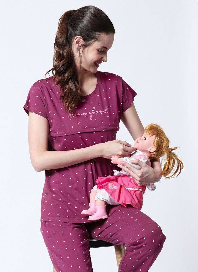 Zeyo Women Purple & White Printed Nursing & Feeding Cotton Night Suit - Image 1