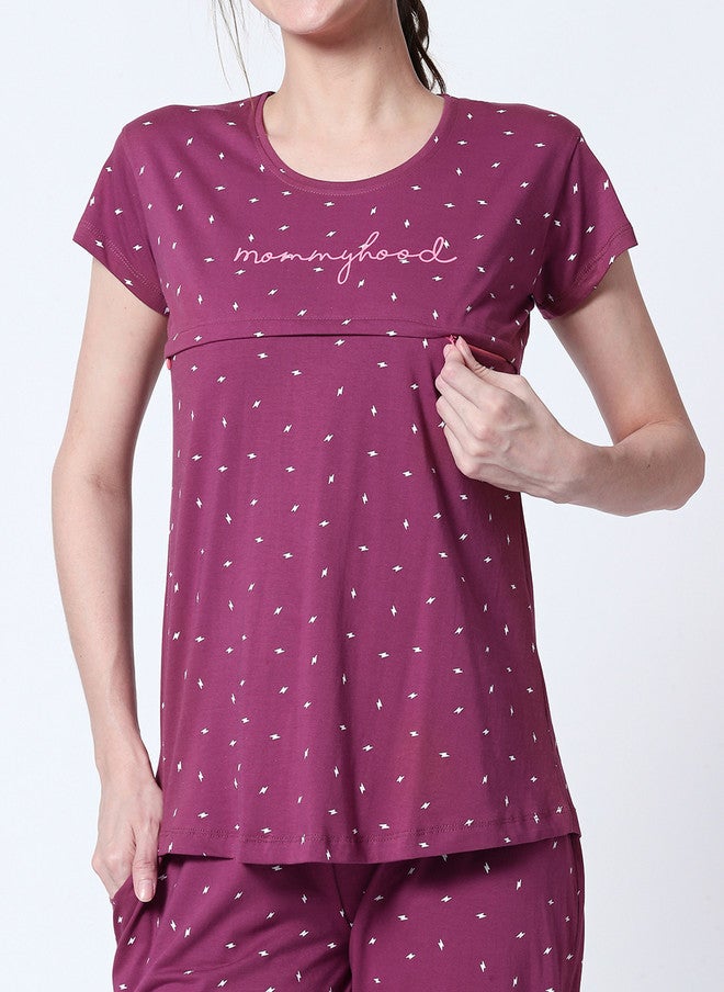 Zeyo Women Purple & White Printed Nursing & Feeding Cotton Night Suit - Image 2