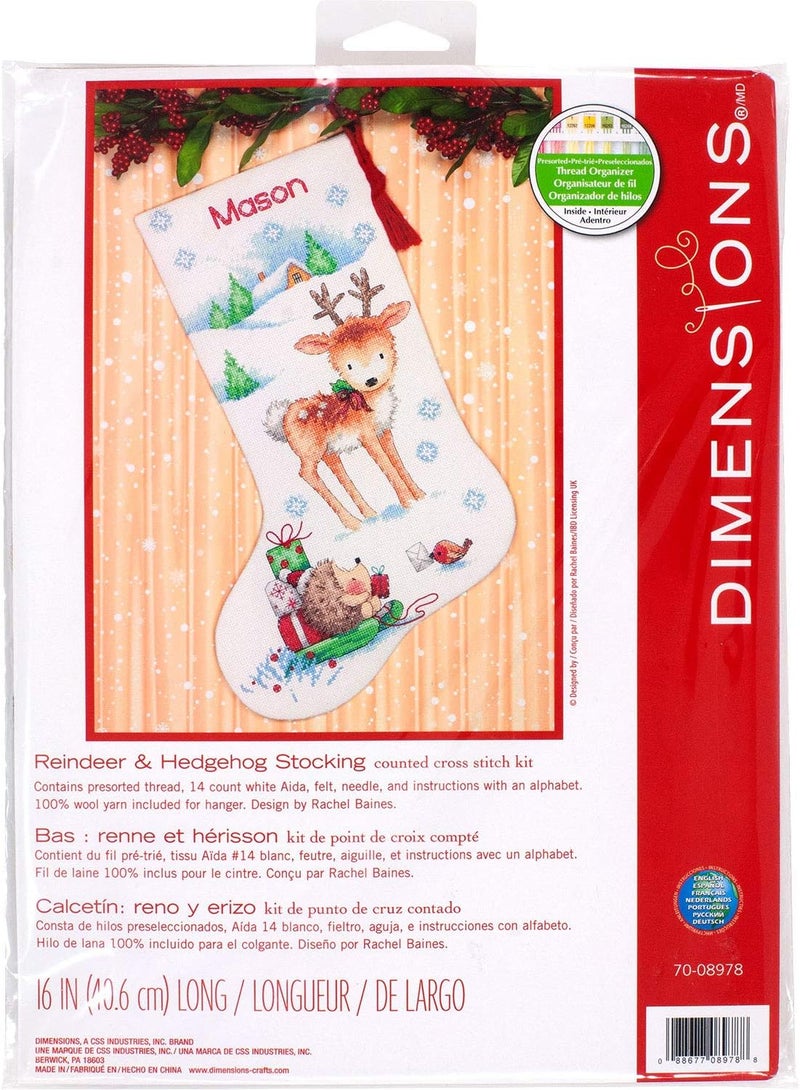 Dimensions Cross Stitch 'Reindeer and Hedgehog' Personalized Christmas Stocking Kit, White Aida, 16'', 14 Count - Image 1